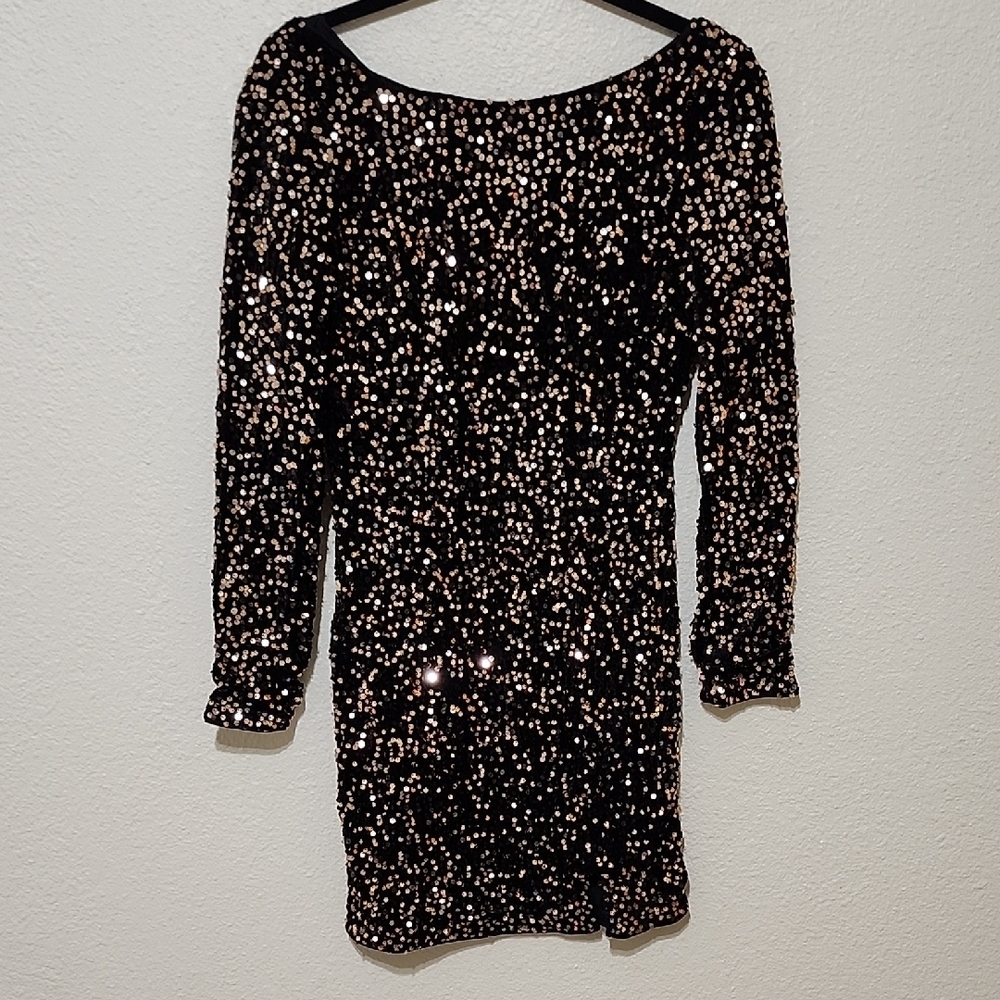 Gold and Black Sequin Bodycon Dress with Bishop Sleeves